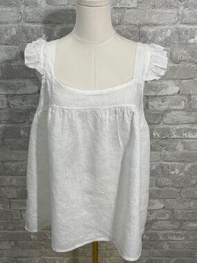 Bellambra Women's White Linen Square Neck Ruffle Sleeve Tank